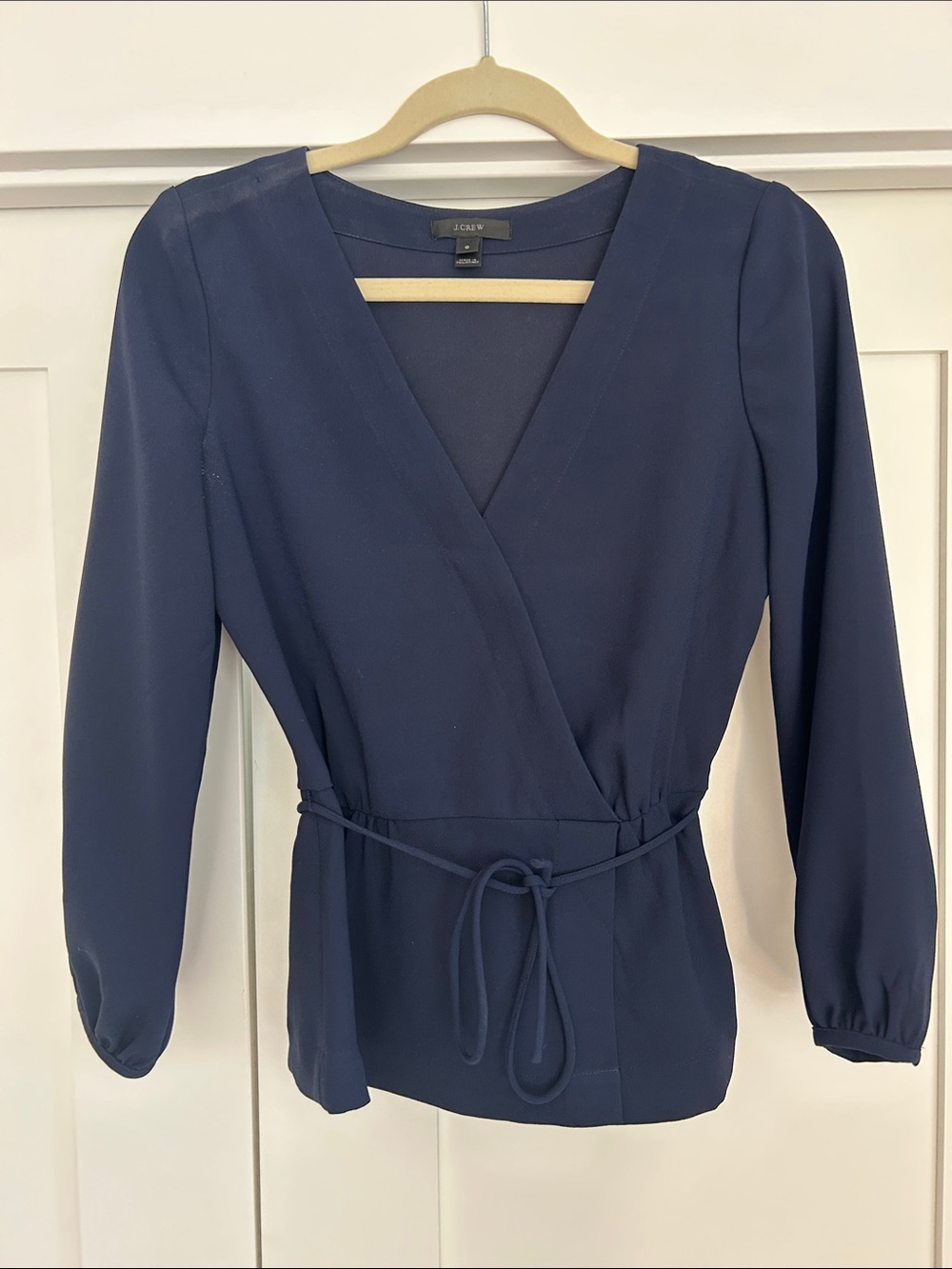 J. Crew Deep Navy Wrap-Front Blouse with Waist Tie